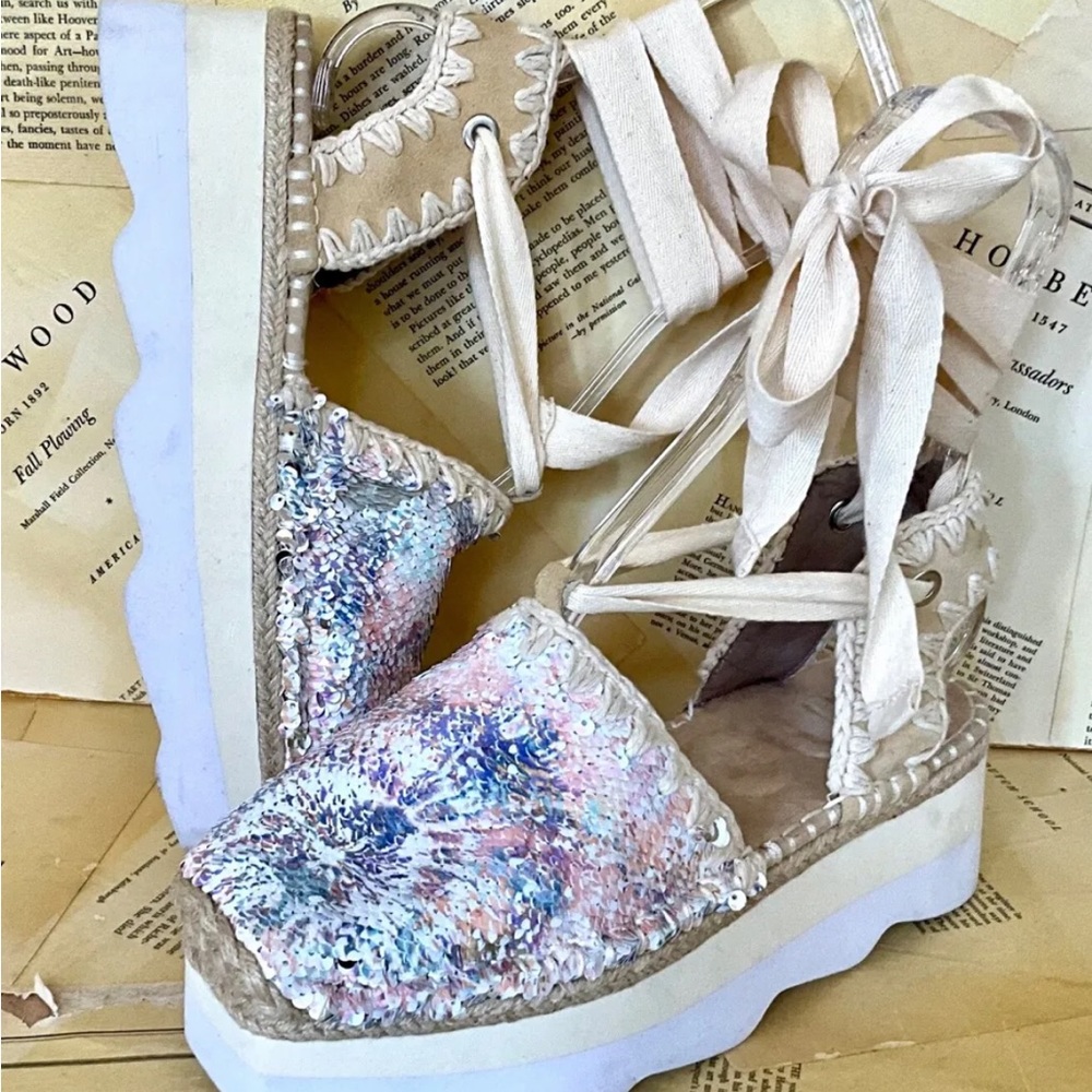 Free People Mou Espa Wrap Sequin Platform Sandal Crochet Espadrille